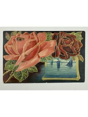 Antique Postcard Vintage Roses Gold Embossed Inset Sailboat Ocean Scene E5